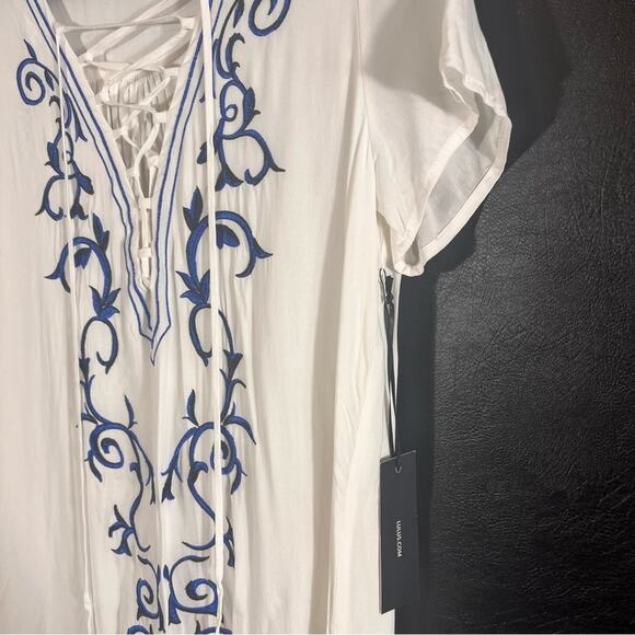 Lulus Down In Kokomo White And Blue Embroidered Lace Up Dress Size Medium - Picture 6 of 9